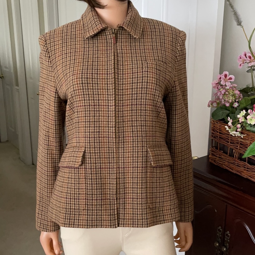 Lauren Ralph Lauren Houndstooth Plaid Zipper Virgin Wool Jacket - Picture 3 of 14